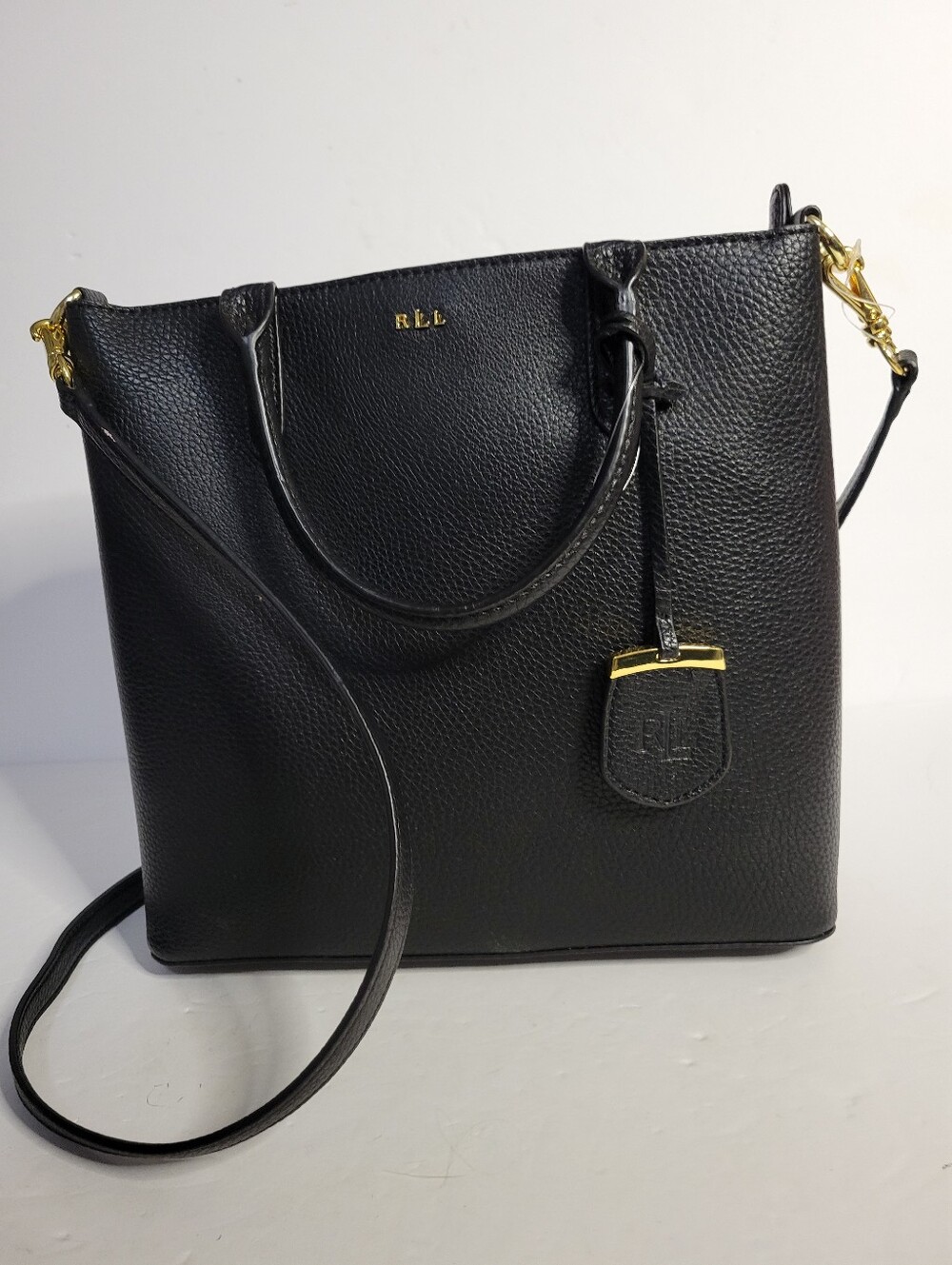 Lauren Ralph Lauren Black Pebbled Leather Tote Crossbody Bag New With Tags